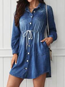 EMERY ROSE Women's Casual Denim Dress With Pockets And Drawstring - Blue - View 6