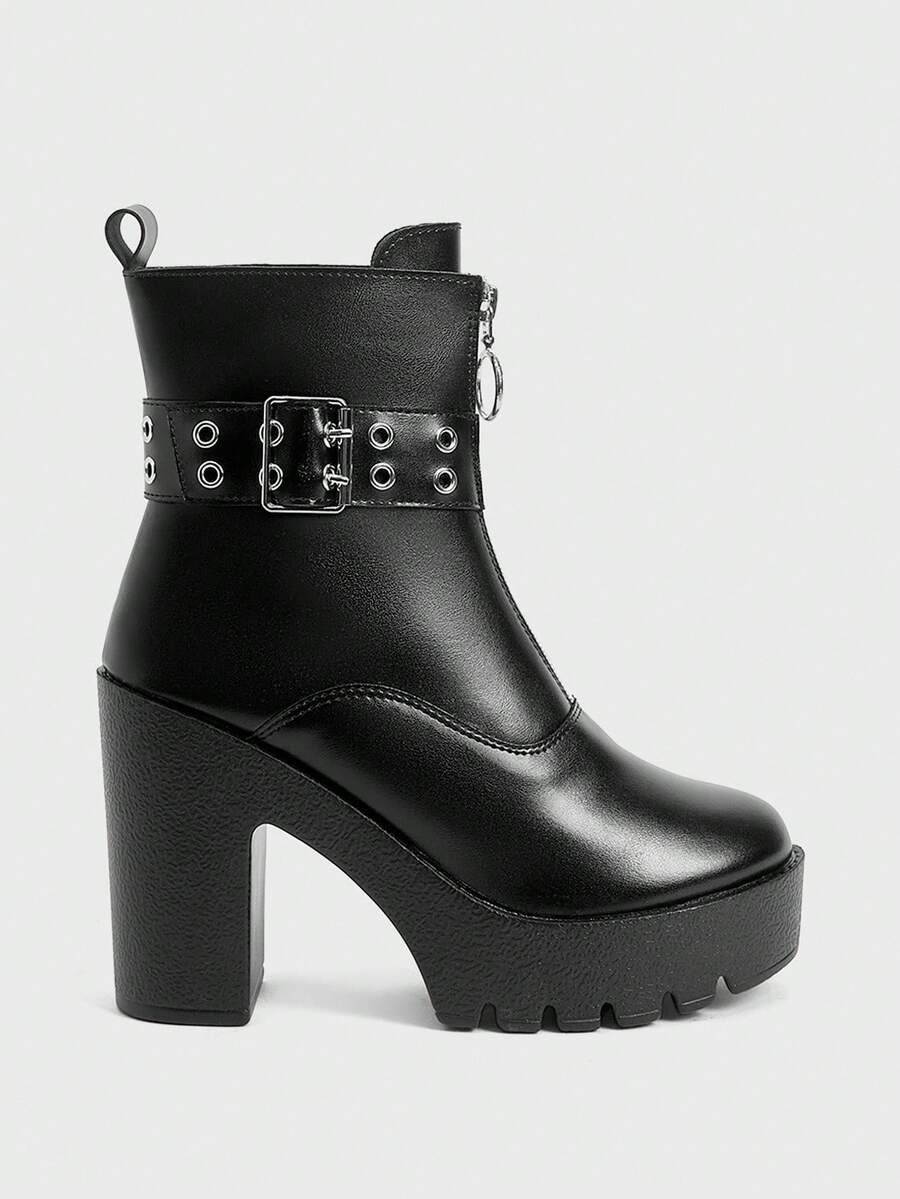 Sugerpunk Giày bốt cao gót đế vuông mũi tròn kiểu Gothic có khóa kim loại cho nữ, chất liệu da lộn và da PU, màu đen, thích hợp cho tiệc tùng, mặc hàng ngày, mặc dạ hội, tăng chiều cao và kéo dài chân - màu đen - Xem 1