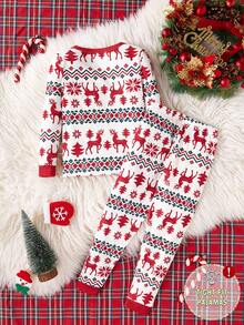 SHEIN 1 zestaw piżamy dla chłopców Merry Christmas, dopasowane, z długim rękawem i spodniami z geometrycznym nadrukiem renifera i płatka śniegu, bielizna nocna