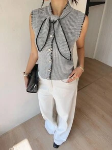 SHEIN Frenchy 2025 Grey Autumn Paris Brunch Knit Vest Women,Elegant Tie Collar Button Sweater Vest,Black Trim Formal Casual Office Work Sleeveless Top,Winter Chic - Grey - View 4