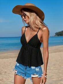 Soleia Top de tirantes con bordado con ojal con cordón delantero - Negro - Ver 4