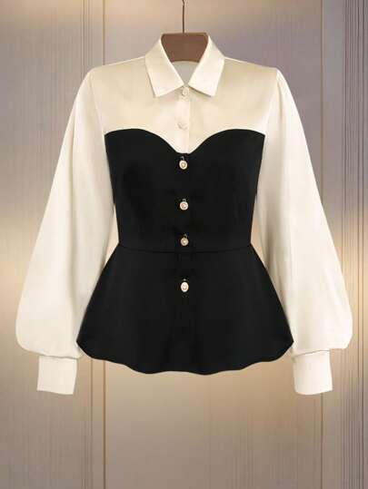 Franclia 女士秋冬撞色优雅纽扣腰A字长袖衬衫，适合大学校园穿着，秋季女装