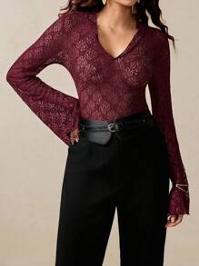 Florisole Women's Elegant Romantic Bohemian Lace T-Shirt Fall Cloth For Women