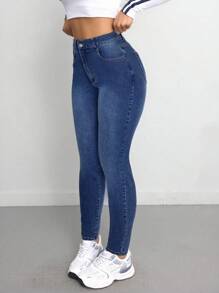 SHEIN Tall CURVE 大码女式休闲高腰弹力紧身蓝色牛仔裤 - 中等水洗藍 - 查看 3