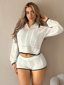SHEIN ICON 女士翻领落肩镂空毛衣和针织短裤休闲两件套 - 白色 - 查看 3
