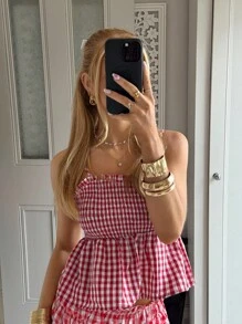 CovetEZ Top de tirantes de mujer de cuadros rojos y blancos de moda casual de verano - Rojo - Ver 1