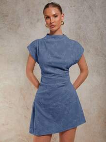COSMINA Women's Elegant Solid Color Floral Embroidery Mini Dress, Summer - Blue - View 3