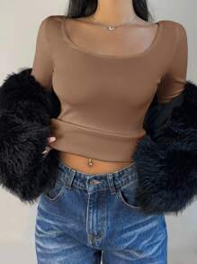 SHEIN BASICS Women's Casual Solid Color Knit Scoop Neck Long Sleeve Slim Fit T-Shirt, Upgraded Thermal Fabric, Thermal Lined Without Bulkiness, Slim Fitted Stretch Undershirt Tee Blouse For Fall And Winter - Brown - View 6