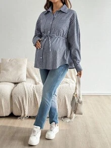 SHEIN Áo sơ mi dài tay kẻ caro đen trắng mặc hàng ngày cho bà bầu và cho con bú - Màu xanh lam - Xem 8