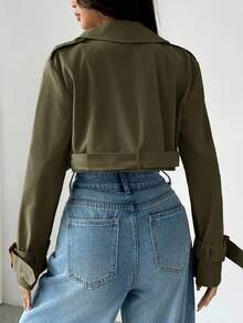 SHEIN EZwear 女款缺口領鈕扣前襟長袖短款風衣，適合秋冬日常休閒穿著，軍綠色 - 軍綠色 - 查看 2