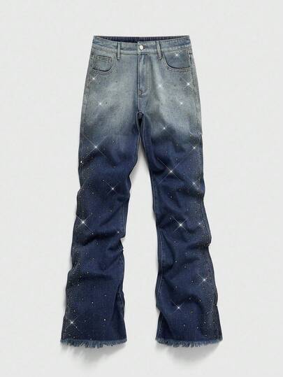 Street Life Jeans con pierna acampanada y plisada con adornos de rhinestones para hombres