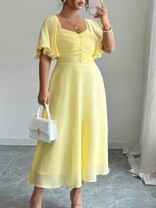 Modelyn Women's Solid Buttercup Yellow Chiffon Ruffle Sleeve Design Summer French Style Vacation Dress - Yellow - View 3