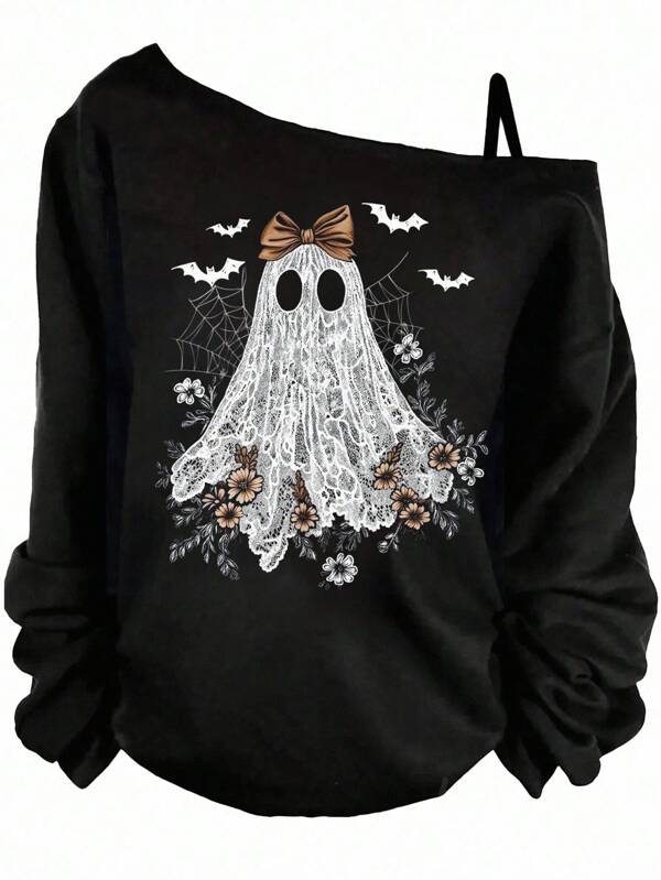 EMERY ROSE Camiseta informal con tirantes irregulares y estampados de fantasmas, calaveras, murciélagos y flores, adecuada para primavera y otoño, talla grande para mujer