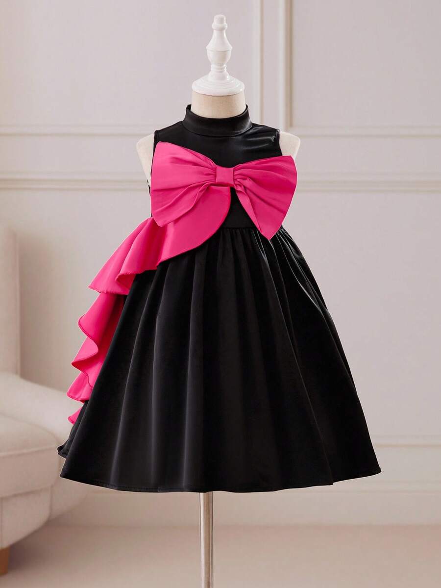 Glamorique Kids Girls' Sleeveless Elegant Dress With Ruffle Hem And Big Bow Decor,Halloween Clothes - Black - View 1