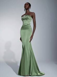 Elitara Elegante vestido de cola de sirena con cintura fruncida y adornos de strass hechos a mano, adecuado para citas, vacaciones, bodas, eventos formales y galas - Verde hierba - Ver 6