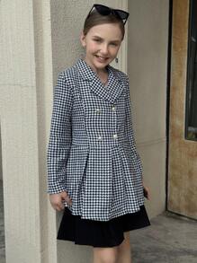 Tween Girl Houndstooth Jacquard Double-Breasted Pleated Blazer, Minimalist For Commuting, Fashionable Casual, Suitable For Daily Commute, Leisure, Back To School, Vacation In Autumn/Winter - Black and White - View 5