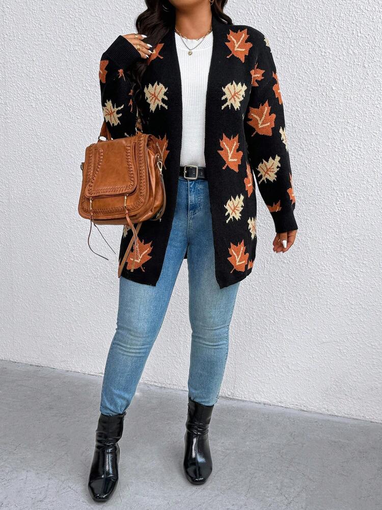 EMERY ROSE Cardigan Longgar Wanita Ukuran Plus dengan Motif Rajutan Daun Maple, Lengan Panjang untuk Musim Dingin, Gugur, dan Musim Gugur. - MultiWarna - View 4