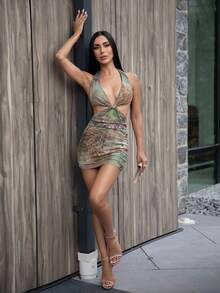 Carolina Barros 女式镂空印花海滩度假风连衣裙 - 綠色 - 查看 1