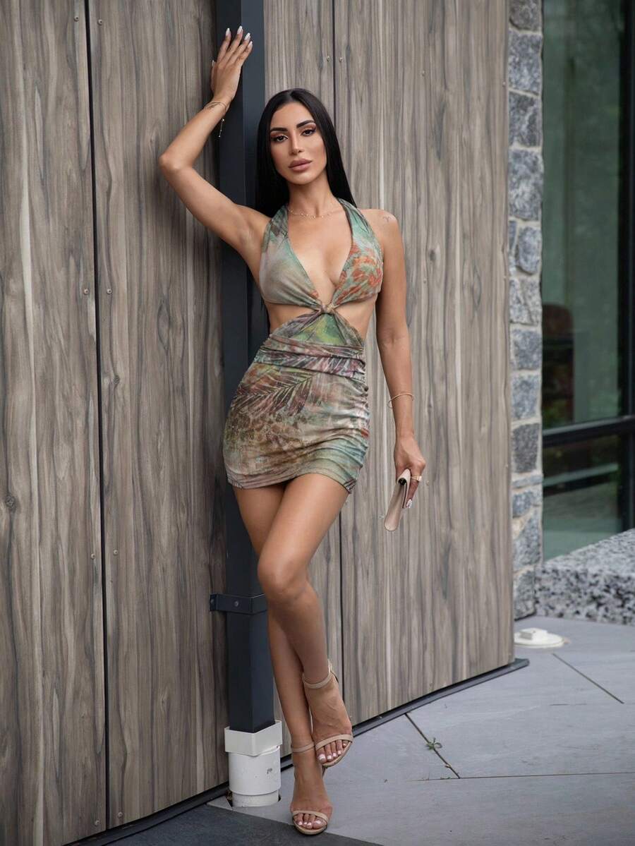 Carolina Barros 女式镂空印花海滩度假风连衣裙 - 綠色 - 查看 1