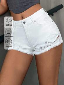 EURMUSE Shorts Jeans Rasgados De Cor Sólida - Branco - Ver 1