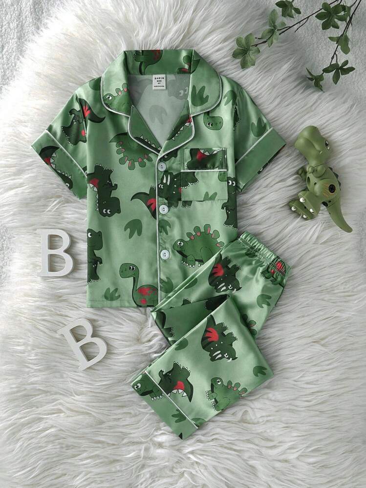 2 件套小男孩可爱恐龙印花短袖衬衫和裤子休闲家居服套装 - 軍綠色 - 查看 1