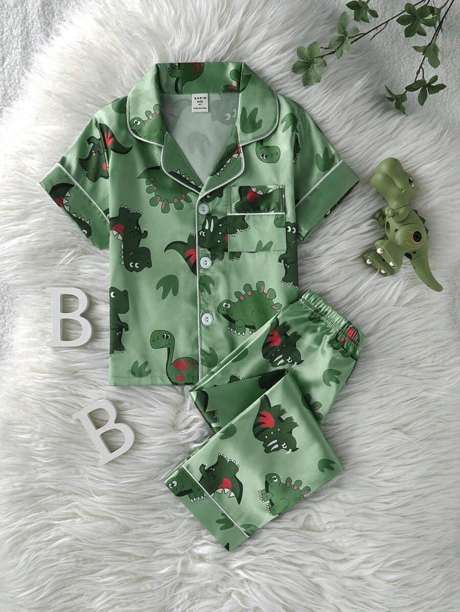 2 件套小男孩可爱恐龙印花短袖衬衫和裤子休闲家居服套装