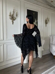 Lyrianda Váy Y2K dệt kim jacquard co giãn, tay loe, viền bèo nhún cỡ lớn - màu đen - Xem 2