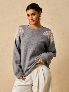 Travachic Áo len chui đầu đính hạt thời trang cỡ lớn cho nữ vào mùa thu/đông - Xám - Xem 1