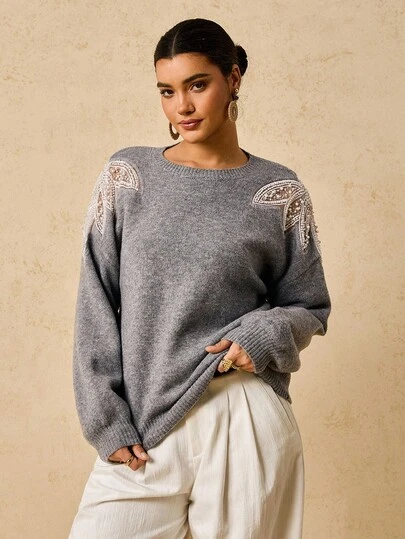 Travachic 秋冬大码时尚女式串珠套头衫