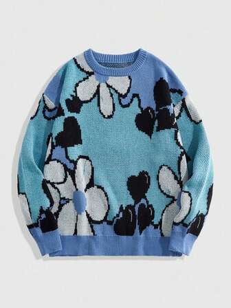 Street Life Jersey de cuello redondo con contraste de color floral para hombre, otoño e invierno