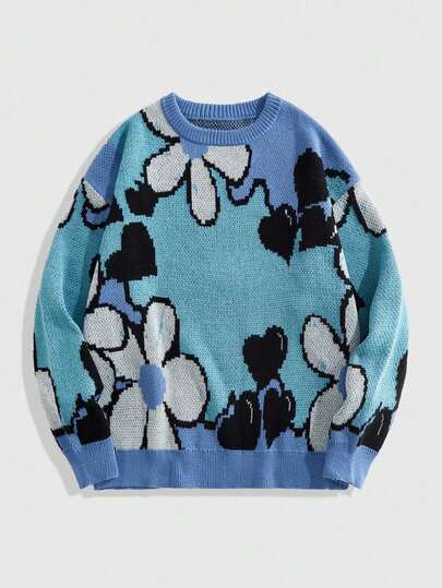 Street Life Men's Crew Neck Floral Contrast Color Knit Sweater , Fall Winter