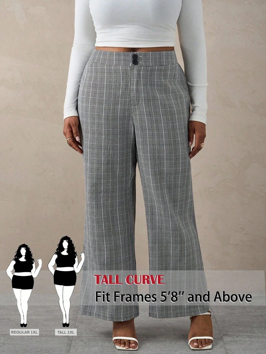 SHEIN Tall CURVE Quần ống rộng thiết kế nút đơn giản dành cho nữ cỡ lớn - Xám - Xem 1