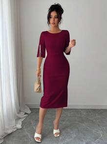 Elenzga Đầm midi nữ thanh lịch, lãng mạn, tinh tế, thắt eo đính ngọc trai - Màu Đỏ Sâu - Xem 4