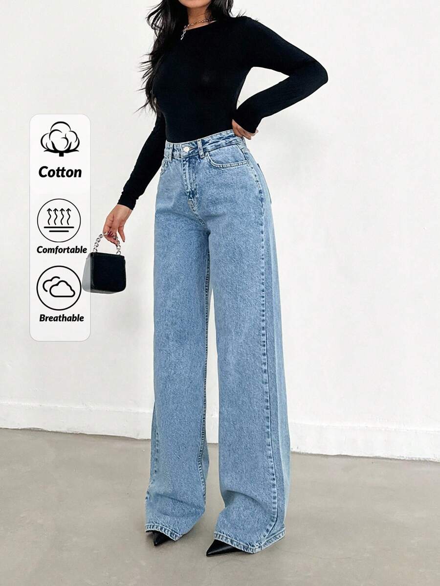 EURMUSE HIGH WAIST WIDE LEG LONG HEM BLUE JEAN - 716 GR - Medium Wash - View 1