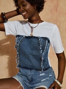 Bóhologie Áo thun denim chi tiết corset, áo thun hở ngực, phong cách đường phố Y2K, áo mùa hè thường ngày, kiểu dáng crop - Nhiều màu - Xem 3