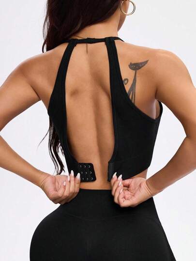 Dewbera Women's Minimalist Solid Color Backless Racerback Sports Bra, Backless Gym Top, Backless Top Built-In Bra Open Back Athletic Top