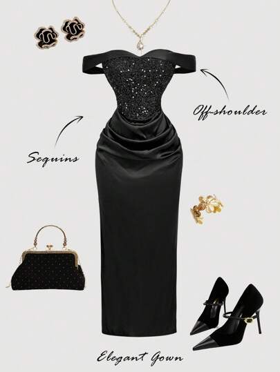 SHEIN MOD 黑色亮片露肩开衩连衣裙