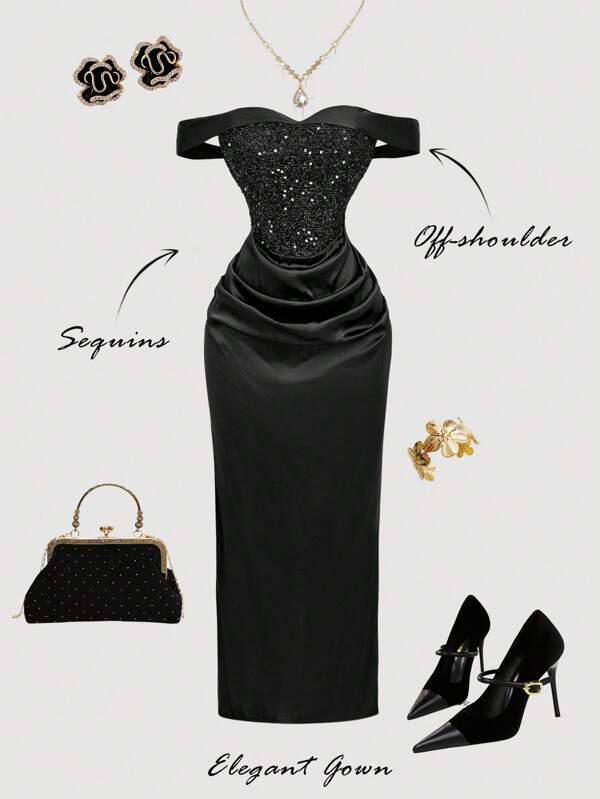 SHEIN MOD Women's Black Sequin Off-Shoulder Slit Dress ,Back To School,Country Concert Outfit,Homecoming,Boho,Teacher,Birthday Dresses For Women,Wedding Guest Dress,Brunch Outfits For Women, Black Evening Gown, Black Tie Event Dress, Black Dress Classy Elegant, Gowns Glamorous Dress, Sequined Black Dress