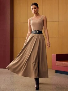MOTF PREMIUM BELTED RIB-KNIT DRESS - Khaki - View 4