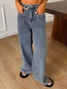 Livesso Jeans vaqueros anchos casuales y sueltos con diseño de bolsillos para mujer - Gris - Ver 5