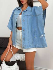 EURMUSE 97% Cotton Flap Pocket Button Front Denim Jacket Jeans Top Jean Shirt - Medium Wash - View 5