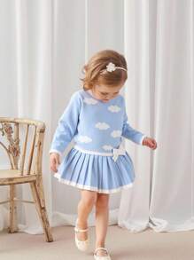 SHEIN Genkimix Kids 女宝宝天蓝色可爱休闲长袖圆领针织连衣裙 - 藍色 - 查看 4