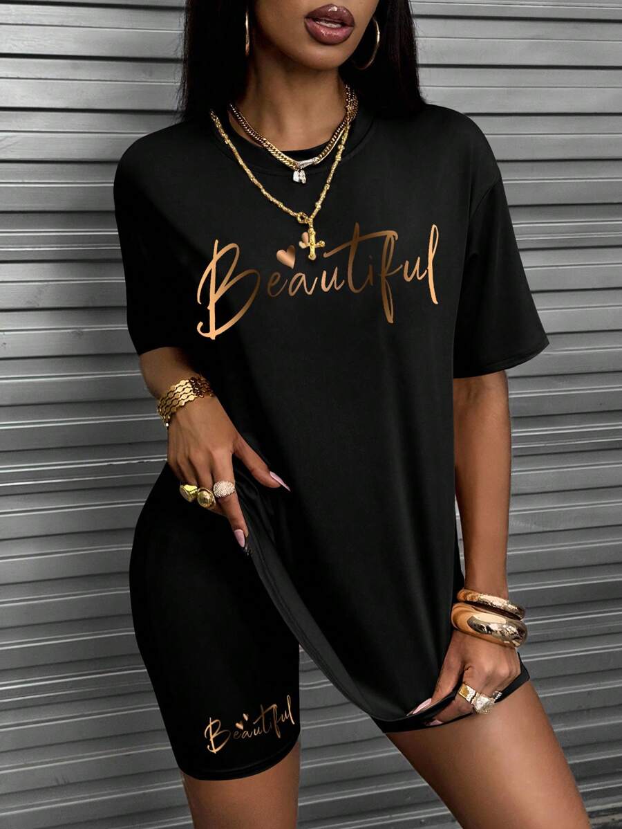 INAWLY Women's Round Neck Short Sleeve Letter Printed Top And Shorts Set - Black - View 1