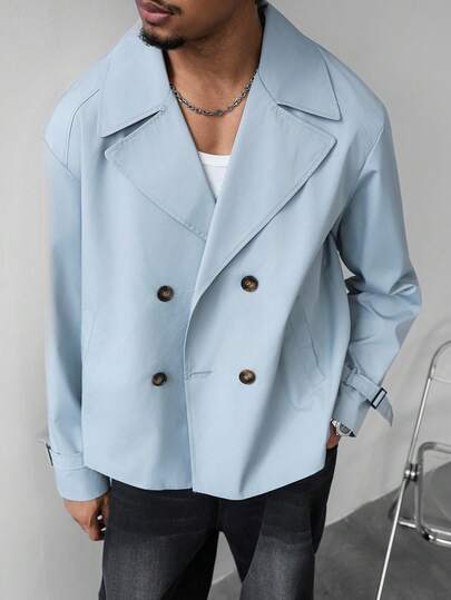 Manfinity Homme Men's Long Sleeve Casual Solid Color Double-Breasted Trench Coat, Spring/Autumn Light Blue Double Breasted Trench Coat, A Great Gift For Your Boyfriend, Back To School Double Breasted Baby Blue Suit