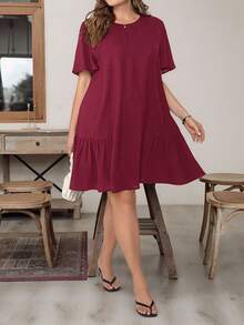 SHEIN Essnce 大码女装春夏时尚休闲宽松舒适清凉日常基本款短袖深蓝色短裙，老钱风格，女士教堂礼服，女士教师装，外出装，女士度假装，工作服 - 酒紅色 - 查看 3