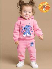 SHEIN GraphicGems 2 件女婴休闲可爱卡通兔子印花连帽运动衫和运动裤套装，适合秋冬季外出 - 粉色 - 查看 2