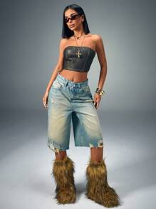 CasuGlow Women's Multi-Pocket Baggy Denim Shorts,Jorts, Casual Everyday - Blue - View 3