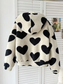 SHEIN Serisse Kids Kurtka z polaru dla dziewczynek w kształcie serca, z kapturem i zamkiem błyskawicznym, idealna na jesień/zimę, idealna na zewnątrz i do szkoły