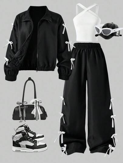 Sparklyn 3 件套青少年女孩服装：带蝴蝶结装饰的黑色拉链夹克、白色交叉肩带背心、蝴蝶结装饰阔腿裤，适合外出、度假、派对、返校