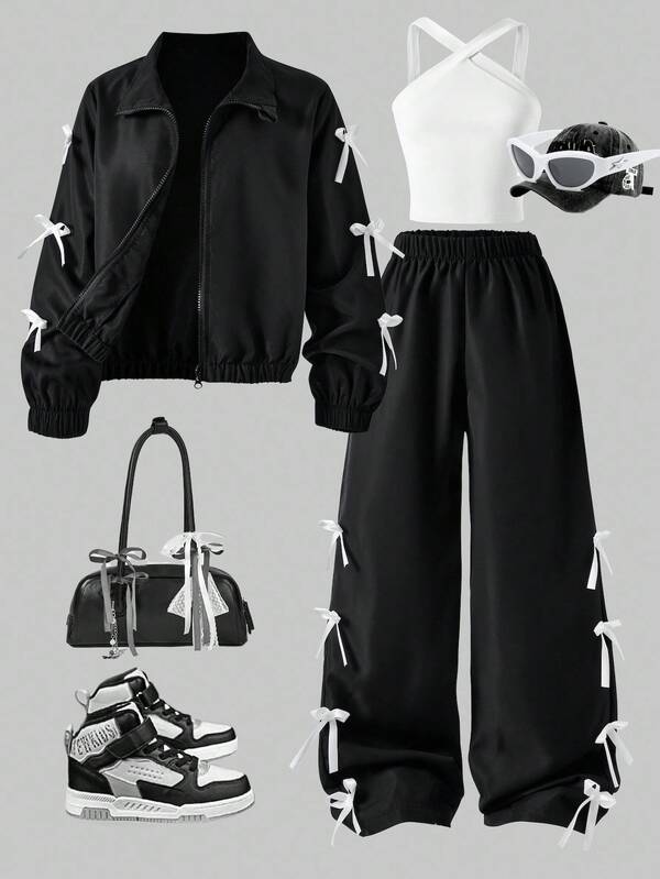 Sparklyn 3 件套青少年女孩服装：带蝴蝶结装饰的黑色拉链夹克、白色交叉肩带背心、蝴蝶结装饰阔腿裤，适合外出、度假、派对、返校